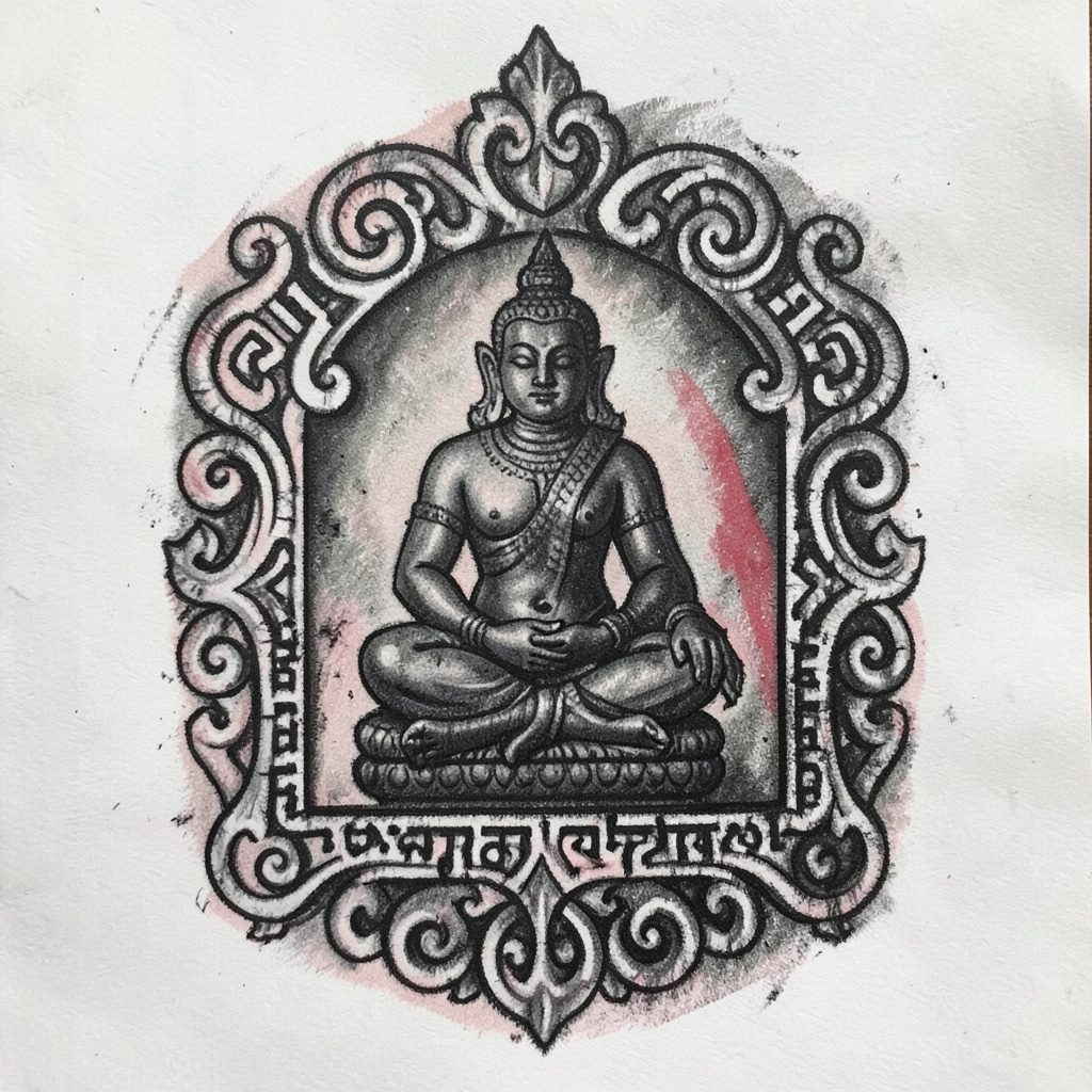 A bold charcoal drawing of a Sak Yant upper-back tattoo showing a seated deity figure framed by ornate scrollwork and Khmer lettering, in deep charcoal black with soft mid-tone shading.